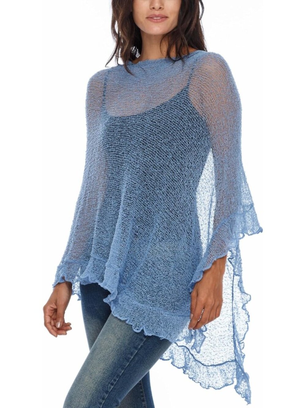 Women’s Baby Blue Sheer Knit Poncho Shrug Lightweight Asymmetrical Ruffle Wraps - Picture 2 of 5